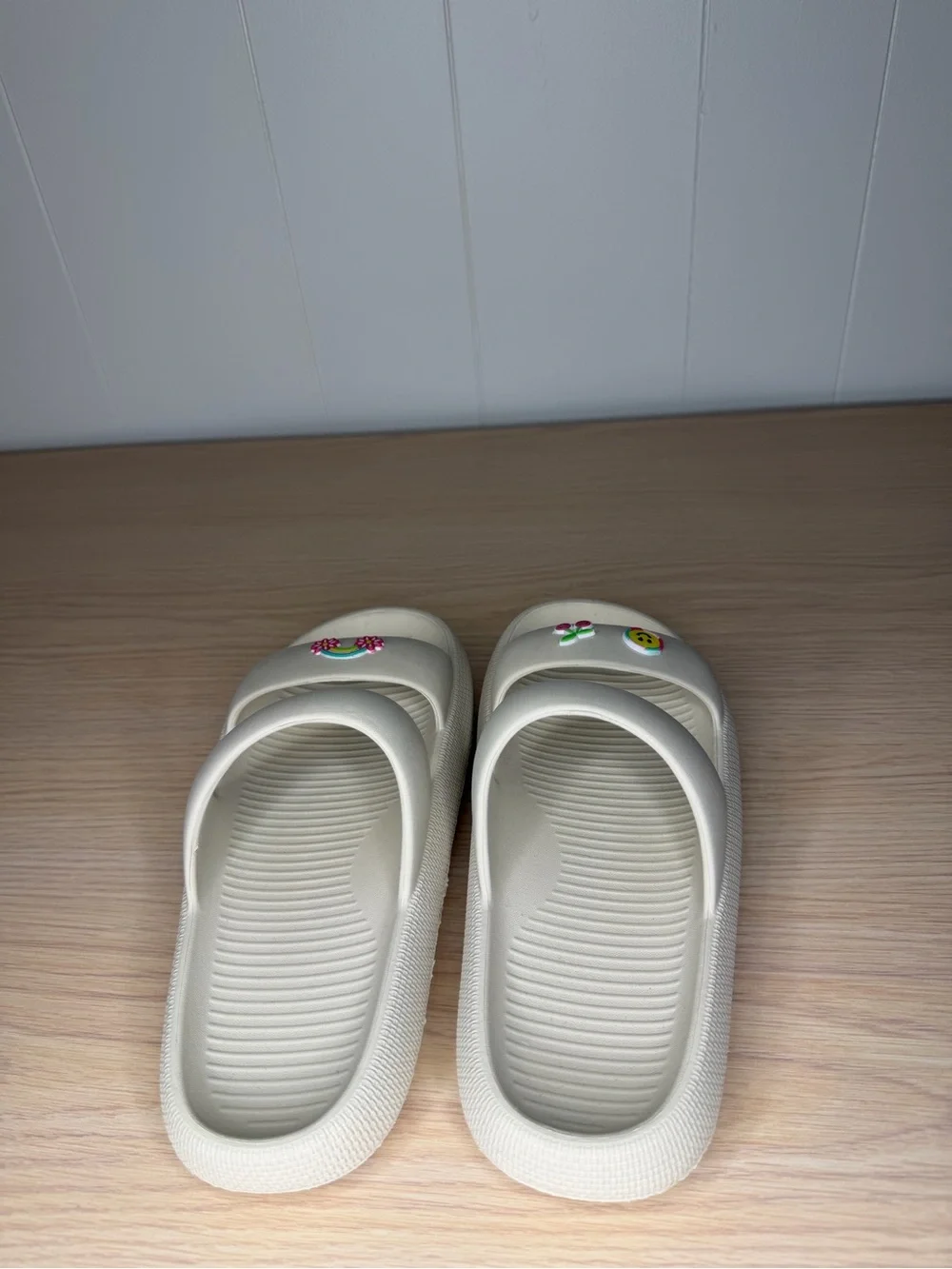 Girls Cream Kids Slide Sandals with Rainbow and Cherry Charms
